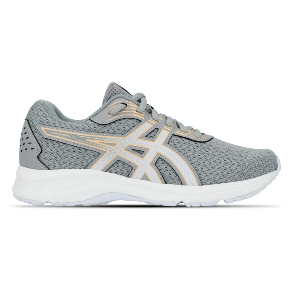 Tênis Asics Raiden 4 Feminino na cor cinza com detalhes dourados, material mesh e solado branco, ideal para treino e academia.